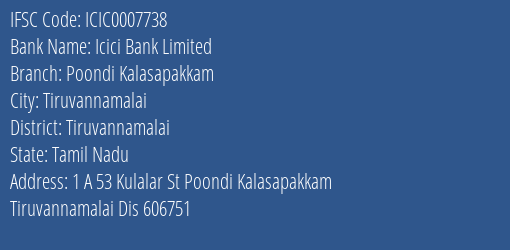Icici Bank Poondi Kalasapakkam Branch Tiruvannamalai IFSC Code ICIC0007738