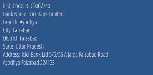 Icici Bank Ayodhya Branch Faizabad IFSC Code ICIC0007740