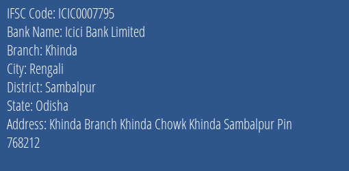 Icici Bank Limited Khinda Branch, Branch Code 007795 & IFSC Code Icic0007795