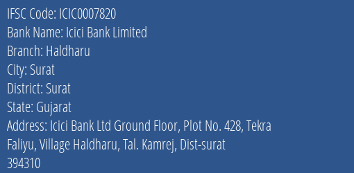 Icici Bank Limited Haldharu Branch, Branch Code 007820 & IFSC Code Icic0007820