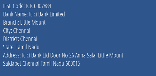 Icici Bank Little Mount Branch Chennai IFSC Code ICIC0007884