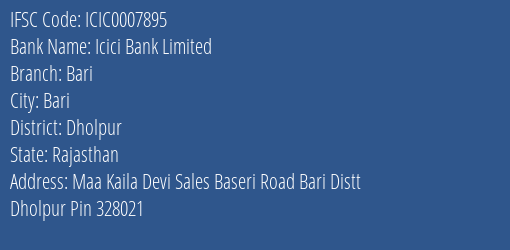 Icici Bank Bari Branch Dholpur IFSC Code ICIC0007895