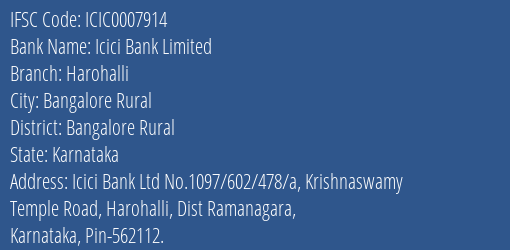 Icici Bank Harohalli Branch Bangalore Rural IFSC Code ICIC0007914