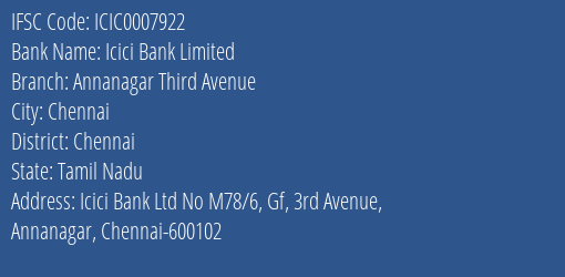 Icici Bank Annanagar Third Avenue Branch Chennai IFSC Code ICIC0007922