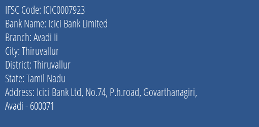 Icici Bank Avadi Ii Branch Thiruvallur IFSC Code ICIC0007923