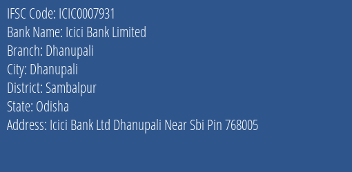 Icici Bank Dhanupali Branch Sambalpur IFSC Code ICIC0007931