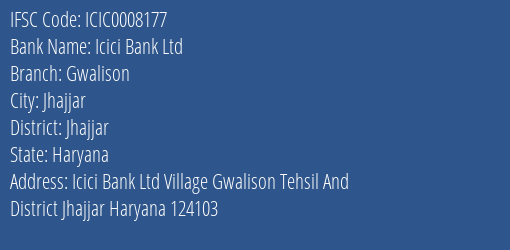 Icici Bank Ltd Gwalison Branch, Branch Code 008177 & IFSC Code ICIC0008177