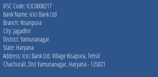 Icici Bank Ltd Kisanpura Branch, Branch Code 008217 & IFSC Code ICIC0008217