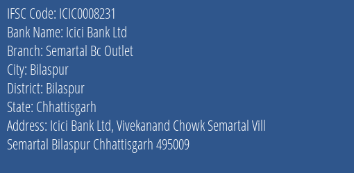 Icici Bank Ltd Semartal Bc Outlet Branch, Branch Code 008231 & IFSC Code ICIC0008231