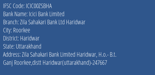 Icici Bank Zila Sahakari Bank Ltd Haridwar Branch Haridwar IFSC Code ICIC00ZSBHA