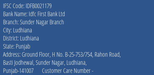 Idfc First Bank Ltd Sunder Nagar Branch Branch Ludhiana IFSC Code IDFB0021179