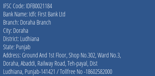 Idfc First Bank Ltd Doraha Branch Branch Ludhiana IFSC Code IDFB0021184