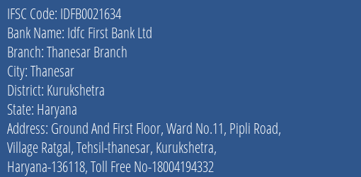 Idfc First Bank Ltd Thanesar Branch Branch Kurukshetra IFSC Code IDFB0021634