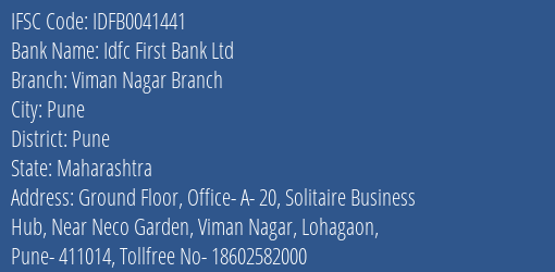 Idfc First Bank Ltd Viman Nagar Branch Branch Pune IFSC Code IDFB0041441