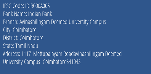 Indian Bank Avinashilingam Deemed University Campus Branch Coimbotore IFSC Code IDIB000A005