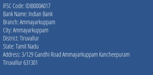 Indian Bank Ammayarkuppam Branch Tiruvallur IFSC Code IDIB000A017