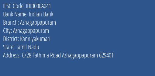 Indian Bank Azhagappapuram Branch Kanniyakumari IFSC Code IDIB000A041
