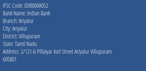 Indian Bank Ariyalur Branch Villupuram IFSC Code IDIB000A052