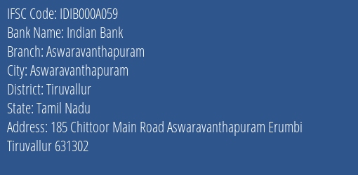 Indian Bank Aswaravanthapuram Branch Tiruvallur IFSC Code IDIB000A059