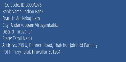 Indian Bank Andarkuppam Branch Tiruvallur IFSC Code IDIB000A076