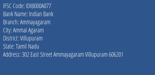 Indian Bank Ammayagaram Branch Villupuram IFSC Code IDIB000A077