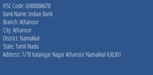 Indian Bank Athanoor Branch, Branch Code 00A078 & IFSC Code IDIB000A078