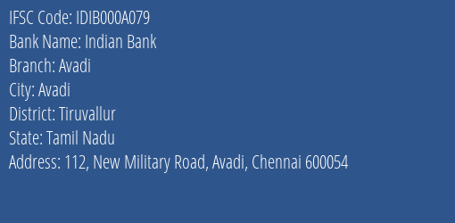 Indian Bank Avadi Branch Tiruvallur IFSC Code IDIB000A079
