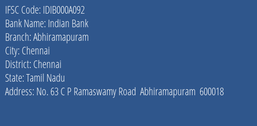 Indian Bank Abhiramapuram Branch, Branch Code 00A092 & IFSC Code IDIB000A092