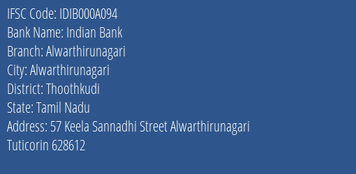 Indian Bank Alwarthirunagari Branch Thoothkudi IFSC Code IDIB000A094