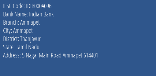 Indian Bank Ammapet Branch Thanjavur IFSC Code IDIB000A096