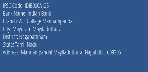 Indian Bank Avc College Mannampandal Branch Nagapattinam IFSC Code IDIB000A125