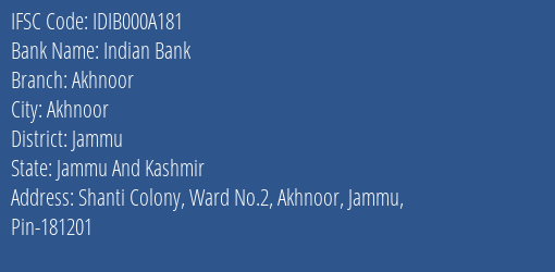 Indian Bank Akhnoor Branch Jammu IFSC Code IDIB000A181