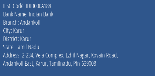 Indian Bank Andankoil Branch, Branch Code 00A188 & IFSC Code IDIB000A188