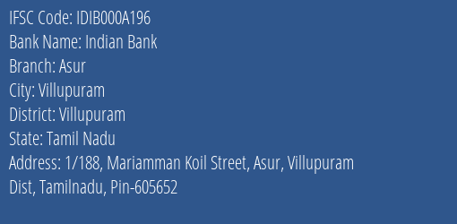 Indian Bank Asur Branch Villupuram IFSC Code IDIB000A196
