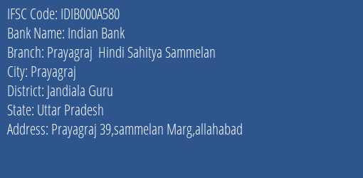 Indian Bank Prayagraj Hindi Sahitya Sammelan Branch, Branch Code 00A580 & IFSC Code Idib000a580