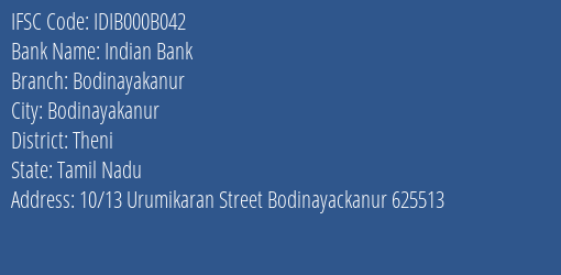 Indian Bank Bodinayakanur Branch Theni IFSC Code IDIB000B042
