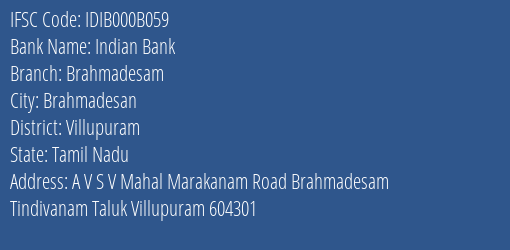 Indian Bank Brahmadesam Branch Villupuram IFSC Code IDIB000B059