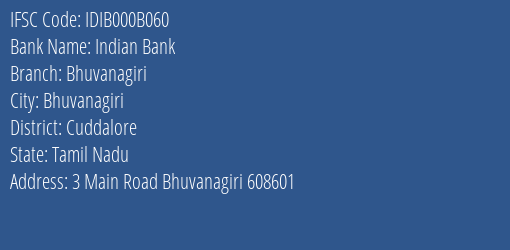 Indian Bank Bhuvanagiri Branch Cuddalore IFSC Code IDIB000B060