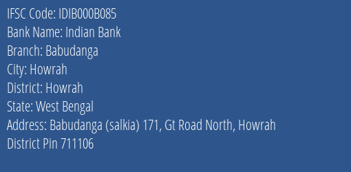 Indian Bank Babudanga Branch Howrah IFSC Code IDIB000B085