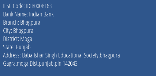 Indian Bank Bhagpura Branch, Branch Code 00B163 & IFSC Code IDIB000B163