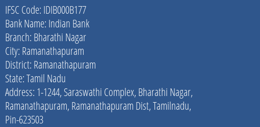 Indian Bank Bharathi Nagar Branch Ramanathapuram IFSC Code IDIB000B177