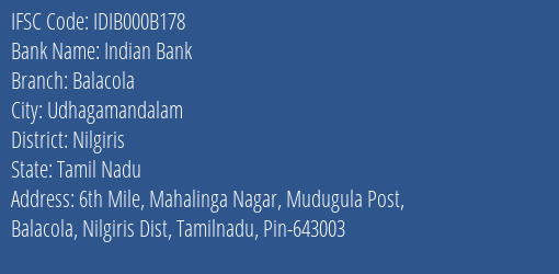Indian Bank Balacola Branch Nilgiris IFSC Code IDIB000B178