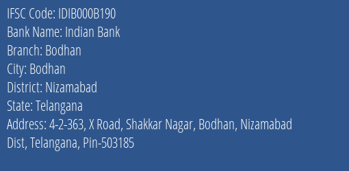 Indian Bank Bodhan Branch Nizamabad IFSC Code IDIB000B190