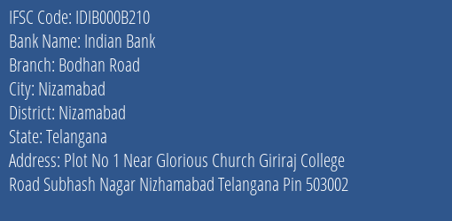 Indian Bank Bodhan Road Branch Nizamabad IFSC Code IDIB000B210