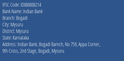 Indian Bank Bogadi Branch, Branch Code 00B214 & IFSC Code Idib000b214