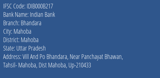 Indian Bank Bhandara Branch, Branch Code 00B217 & IFSC Code IDIB000B217