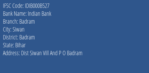 Indian Bank Badram Branch Badram IFSC Code IDIB000B527