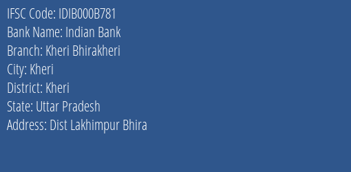 Indian Bank Kheri Bhirakheri Branch, Branch Code 00B781 & IFSC Code Idib000b781