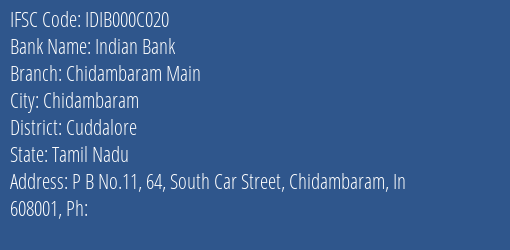 Indian Bank Chidambaram Main Branch Cuddalore IFSC Code IDIB000C020