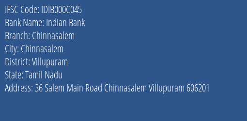 Indian Bank Chinnasalem Branch Villupuram IFSC Code IDIB000C045
